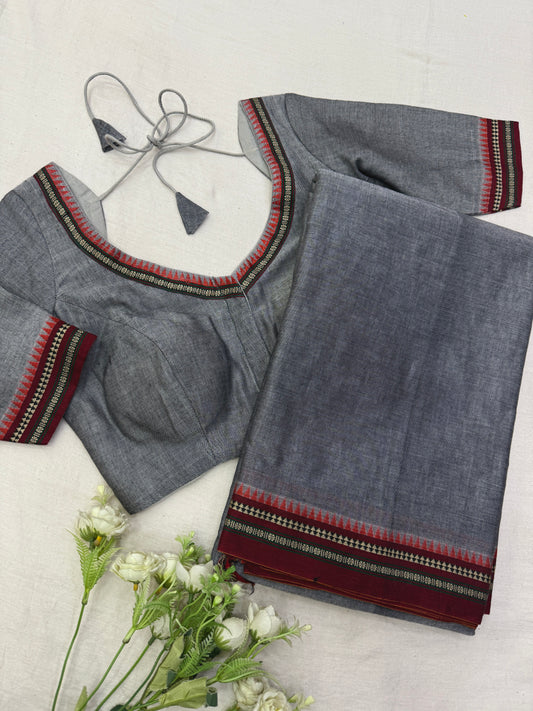 Grey Maroon Temple Narayanpet Cotton Saree Blouse Set