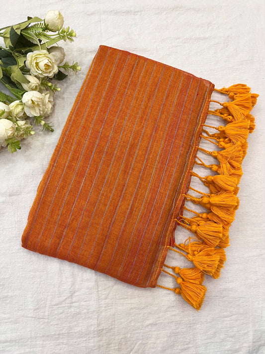 Orange Zari Lines Mulmul Saree