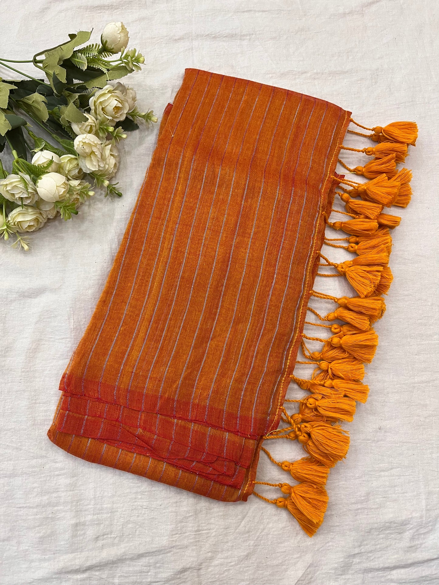 Orange Zari Lines Mulmul Saree