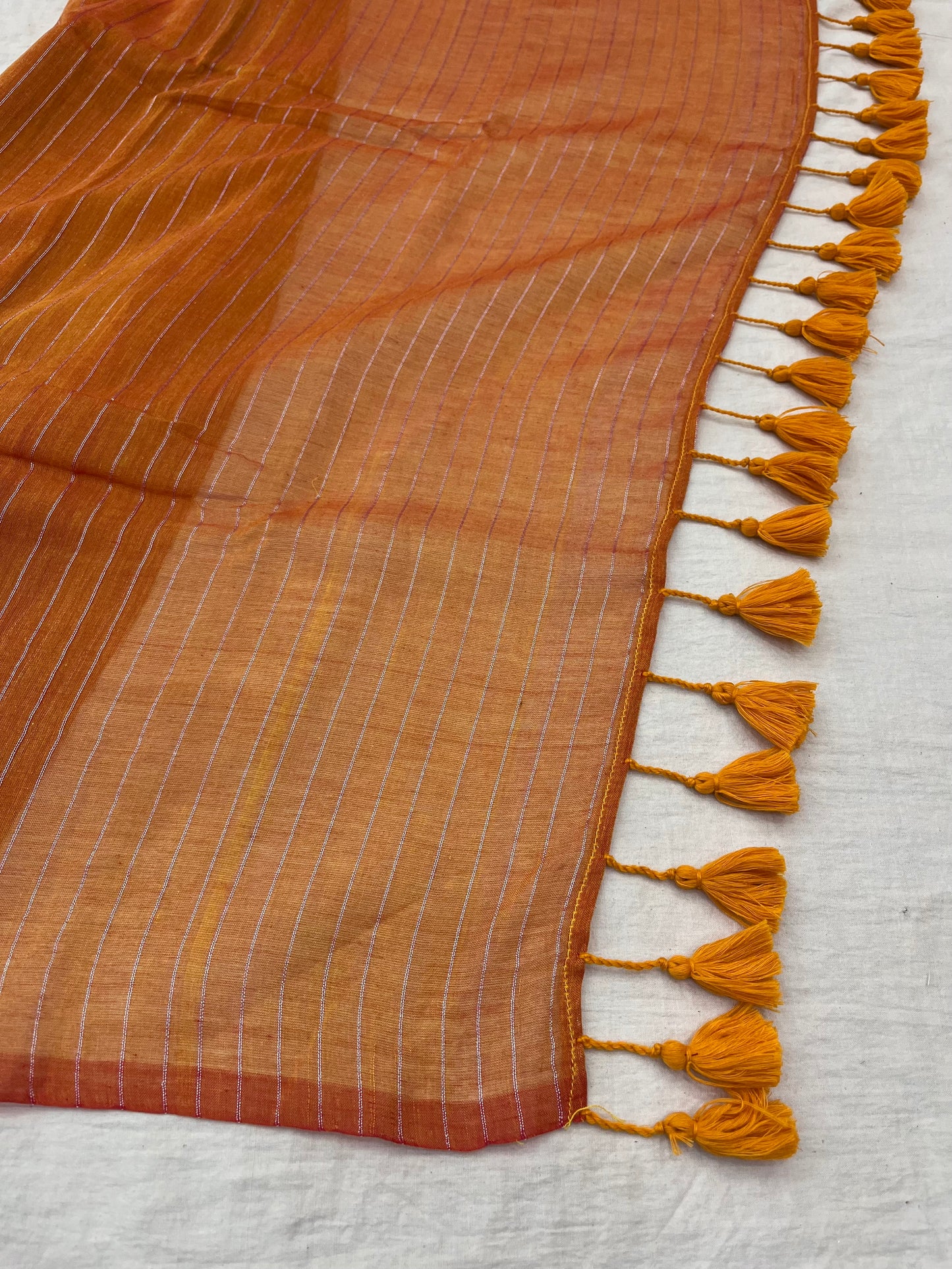 Orange Zari Lines Mulmul Saree