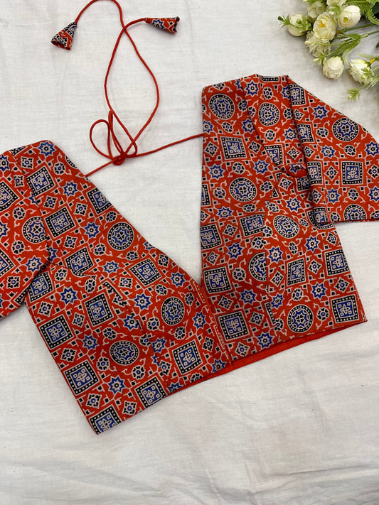 Orange Ajrakh Print Elbow Sleeves Blouse