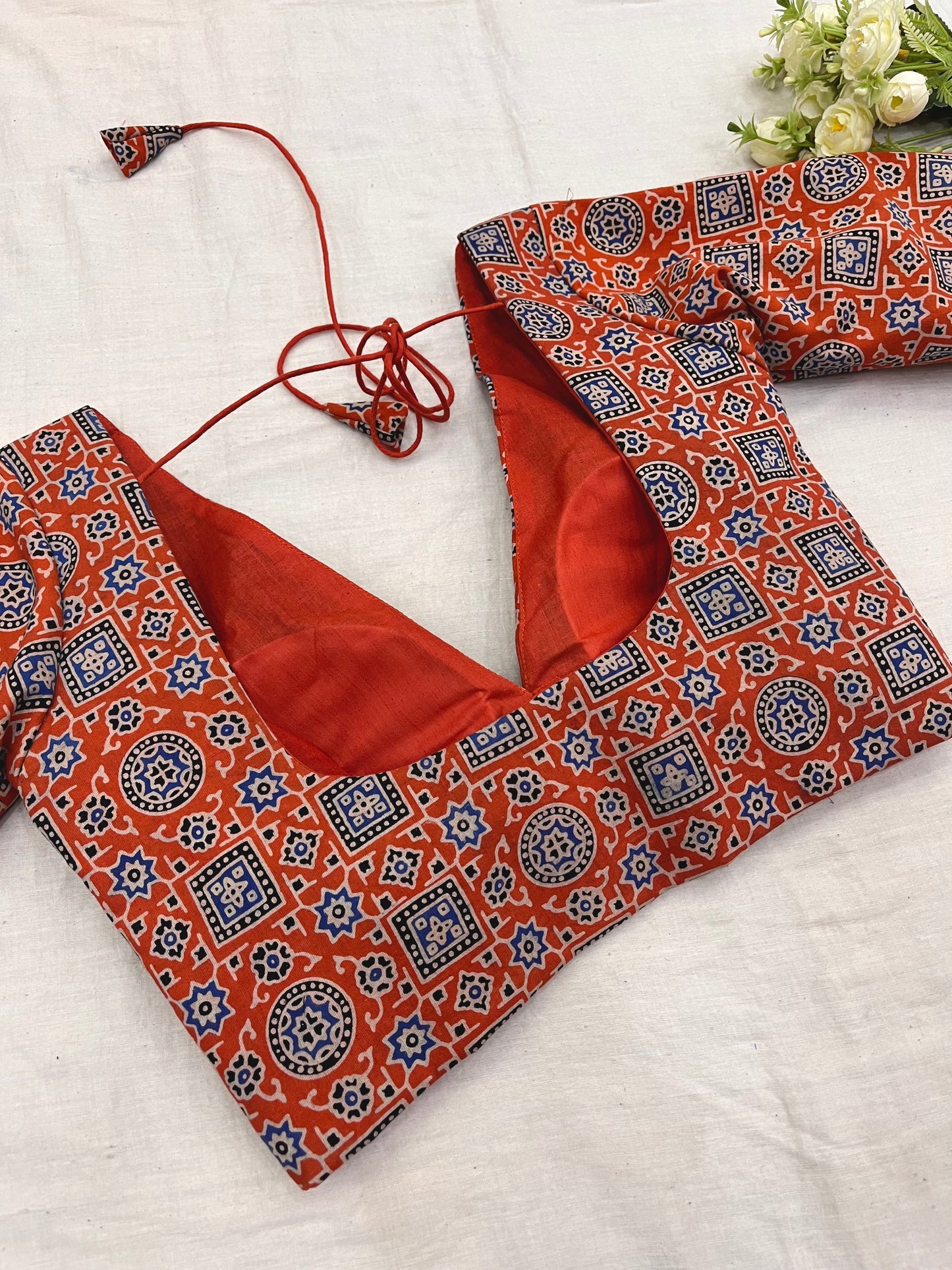 Orange Ajrakh Print Elbow Sleeves Blouse