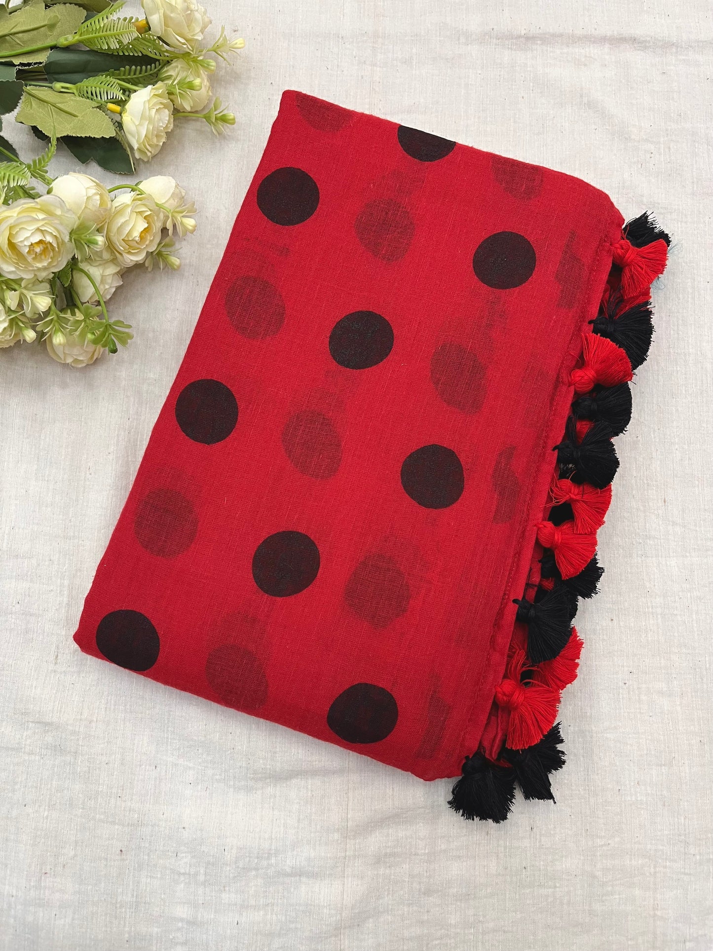 Red Black Polka Dot Mulmul Saree