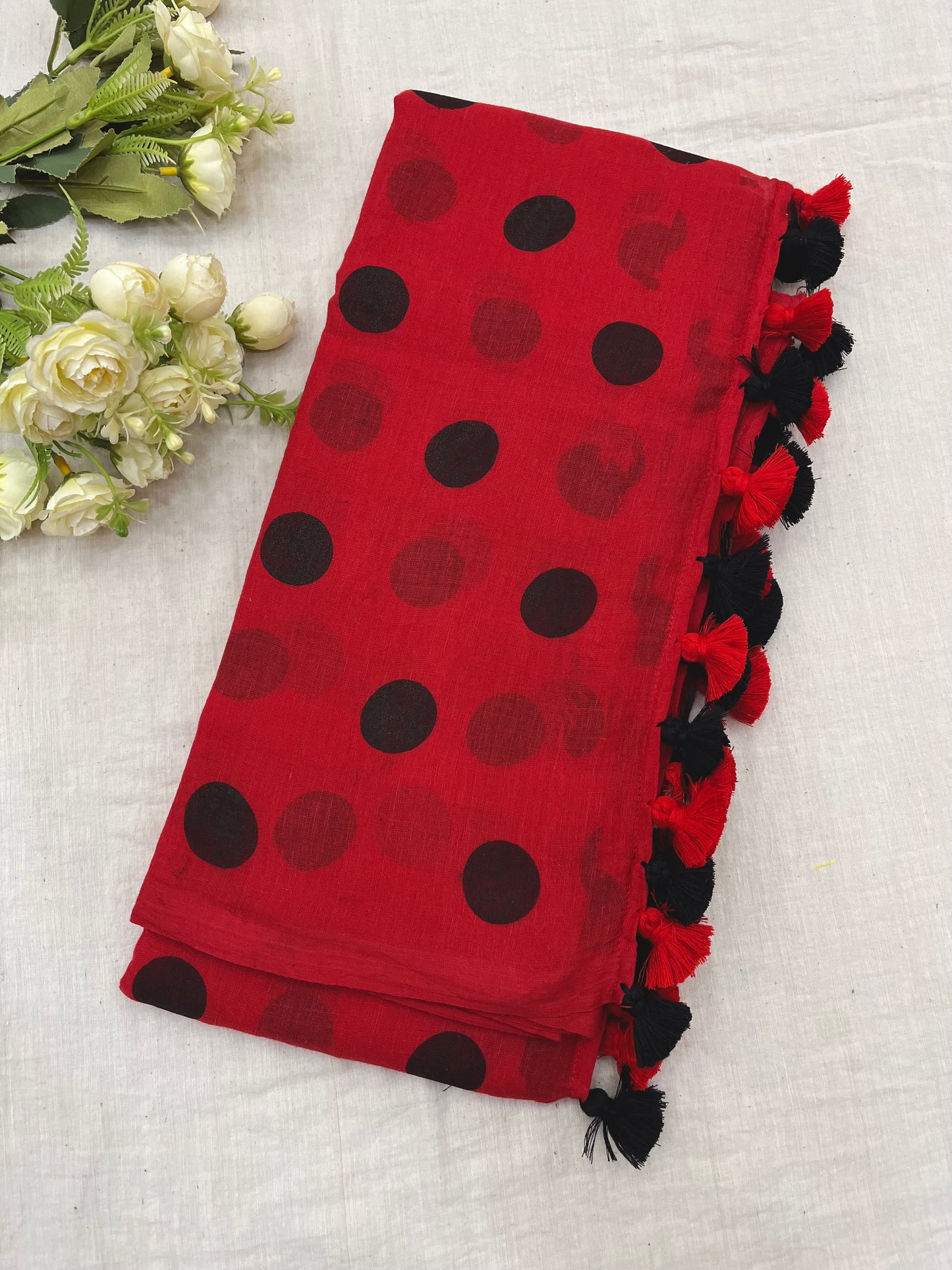 Red Black Polka Dot Mulmul Saree