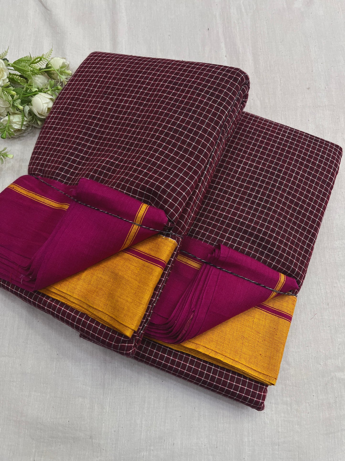 Maroon With Rani Yellow Border Patteda Anchu Saree