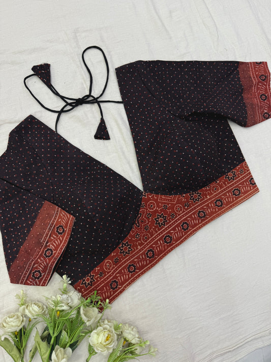 Maroon Dotted Ajrakh Cotton Elbow Sleeves Blouse