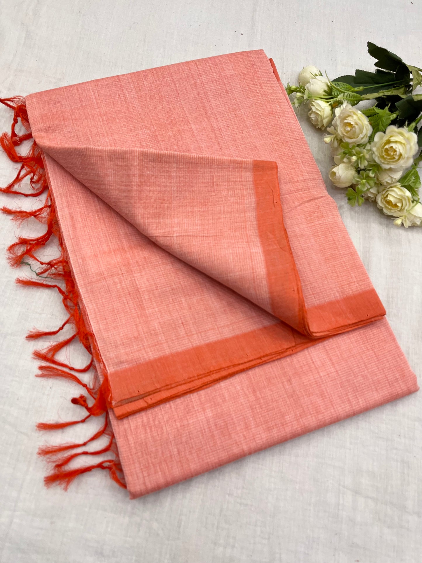 Orange White Plain Mangalgiri Saree