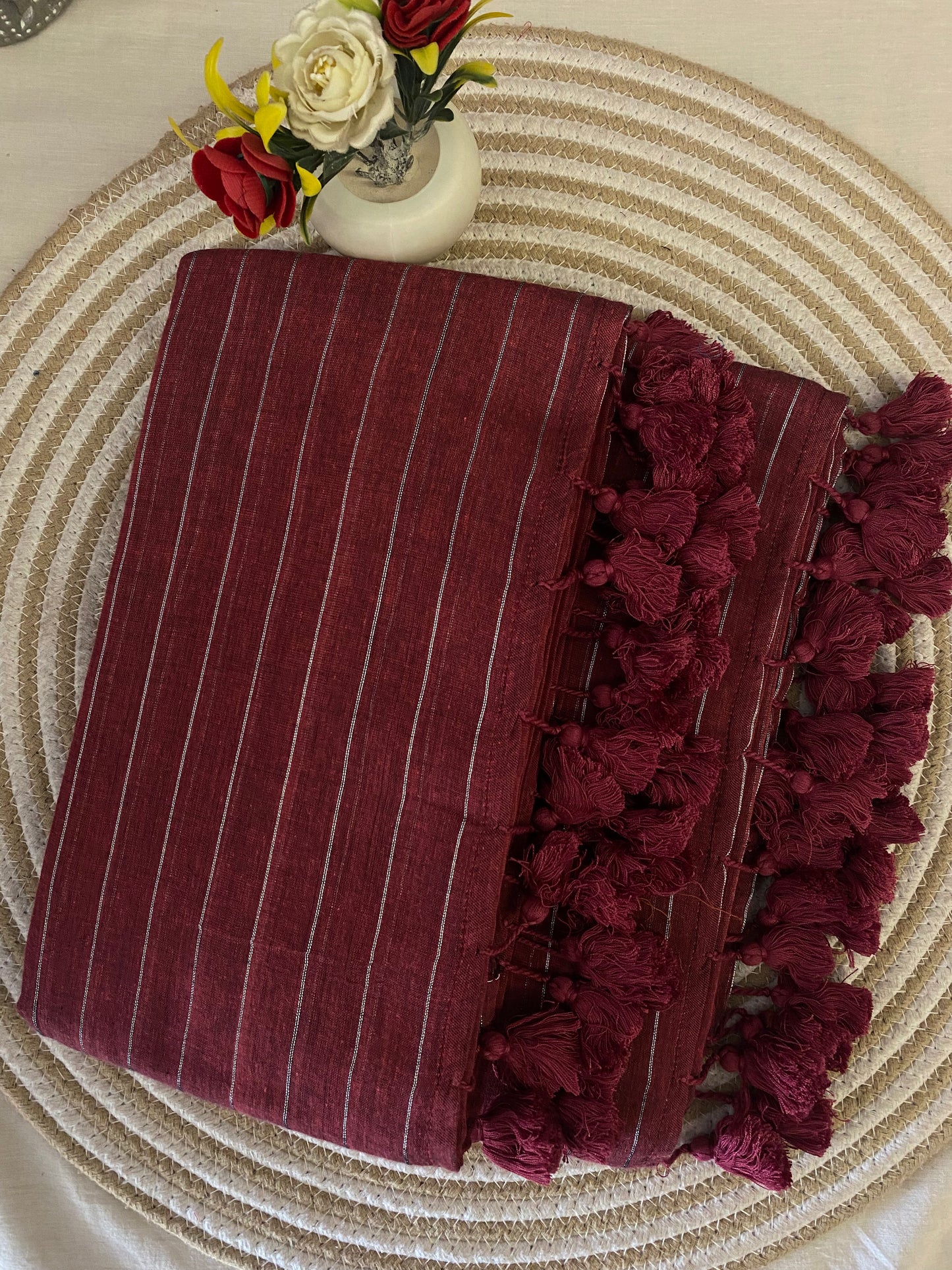 Dusty Rose Zari Lines Mulmul Saree