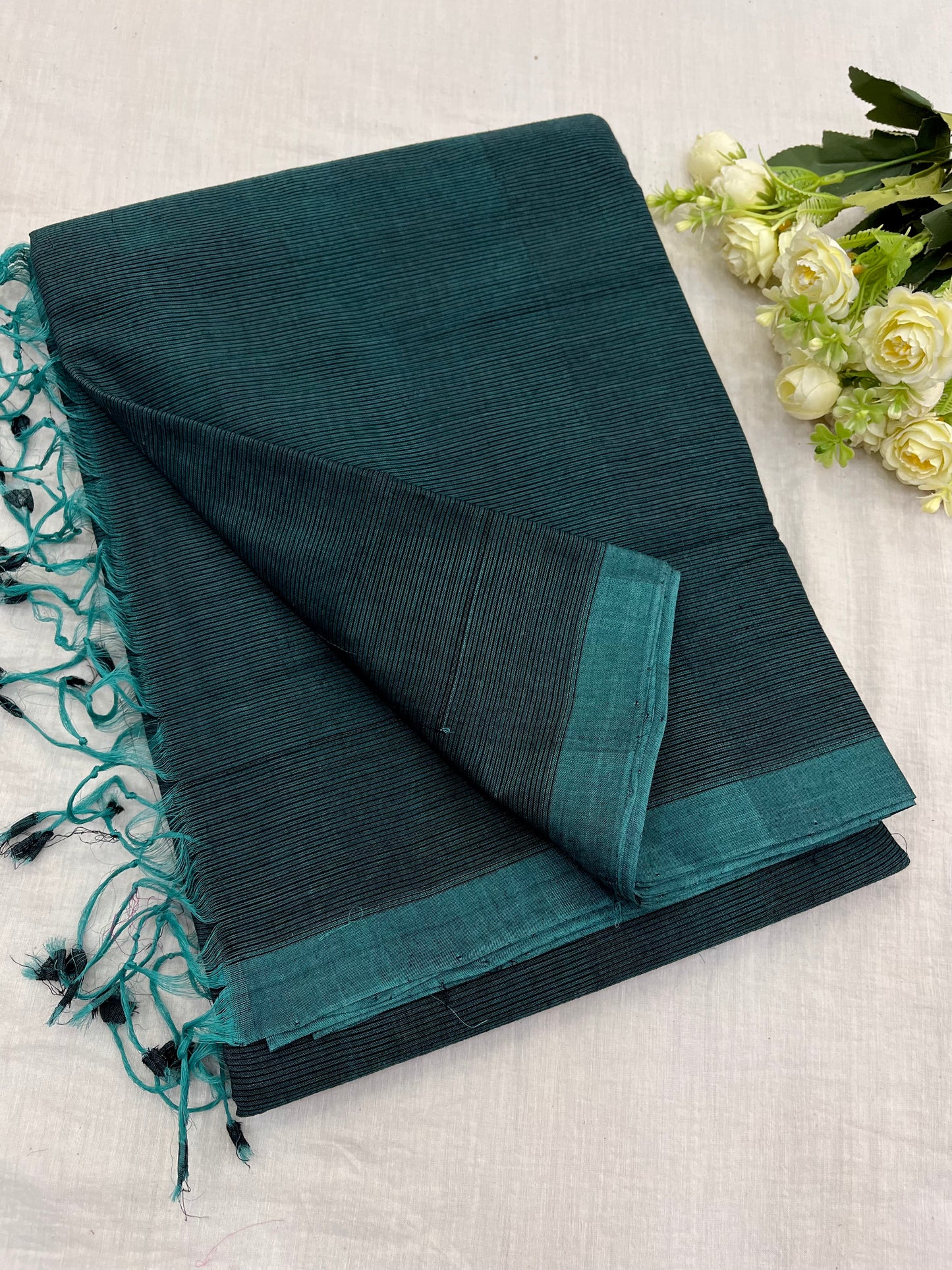 Teal Black Plain Mangalgiri Saree