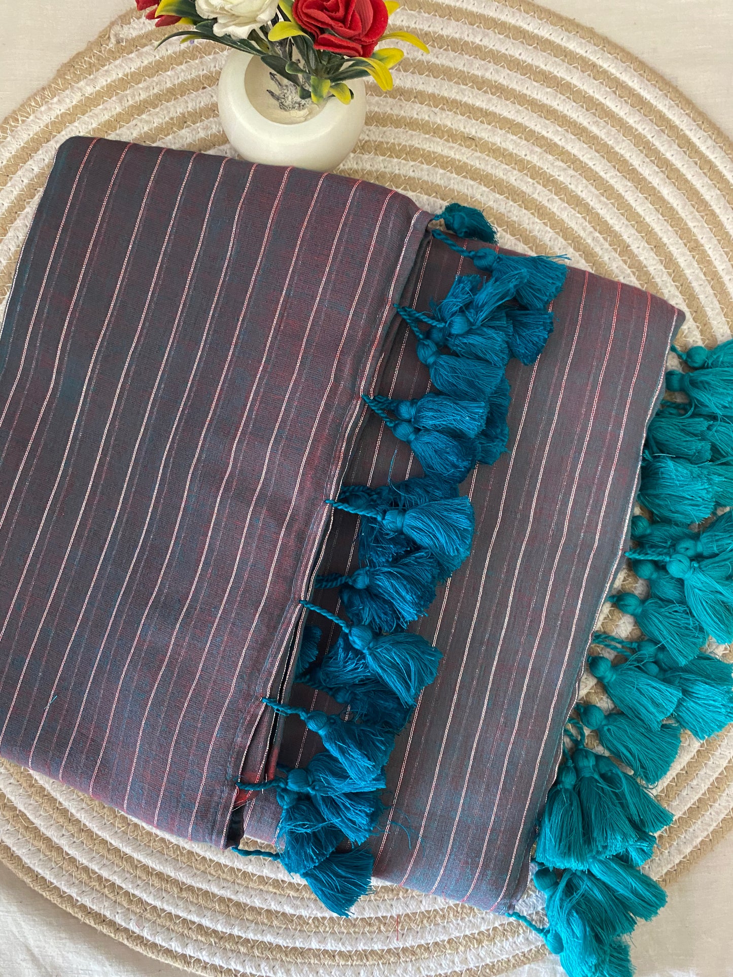 Anjeri Teal Silver Zari Lines Mulmul Saree
