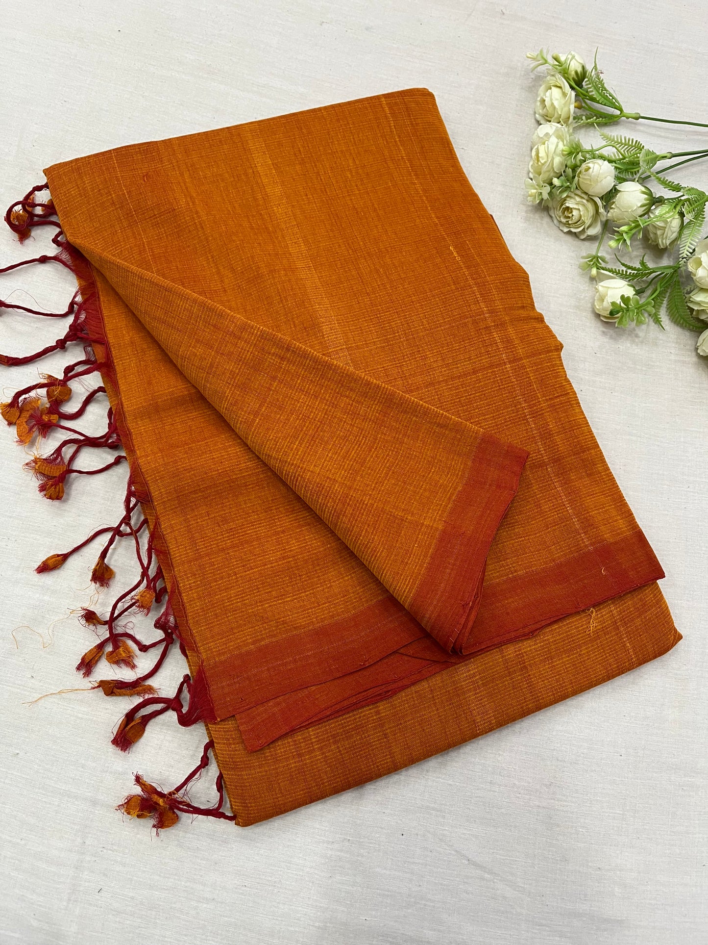 Orange Maroon Plain Mangalgiri Saree