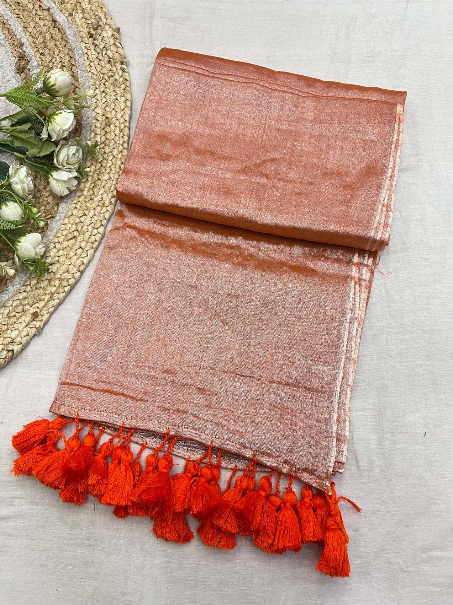 Orange Tissue Mulmul Saree