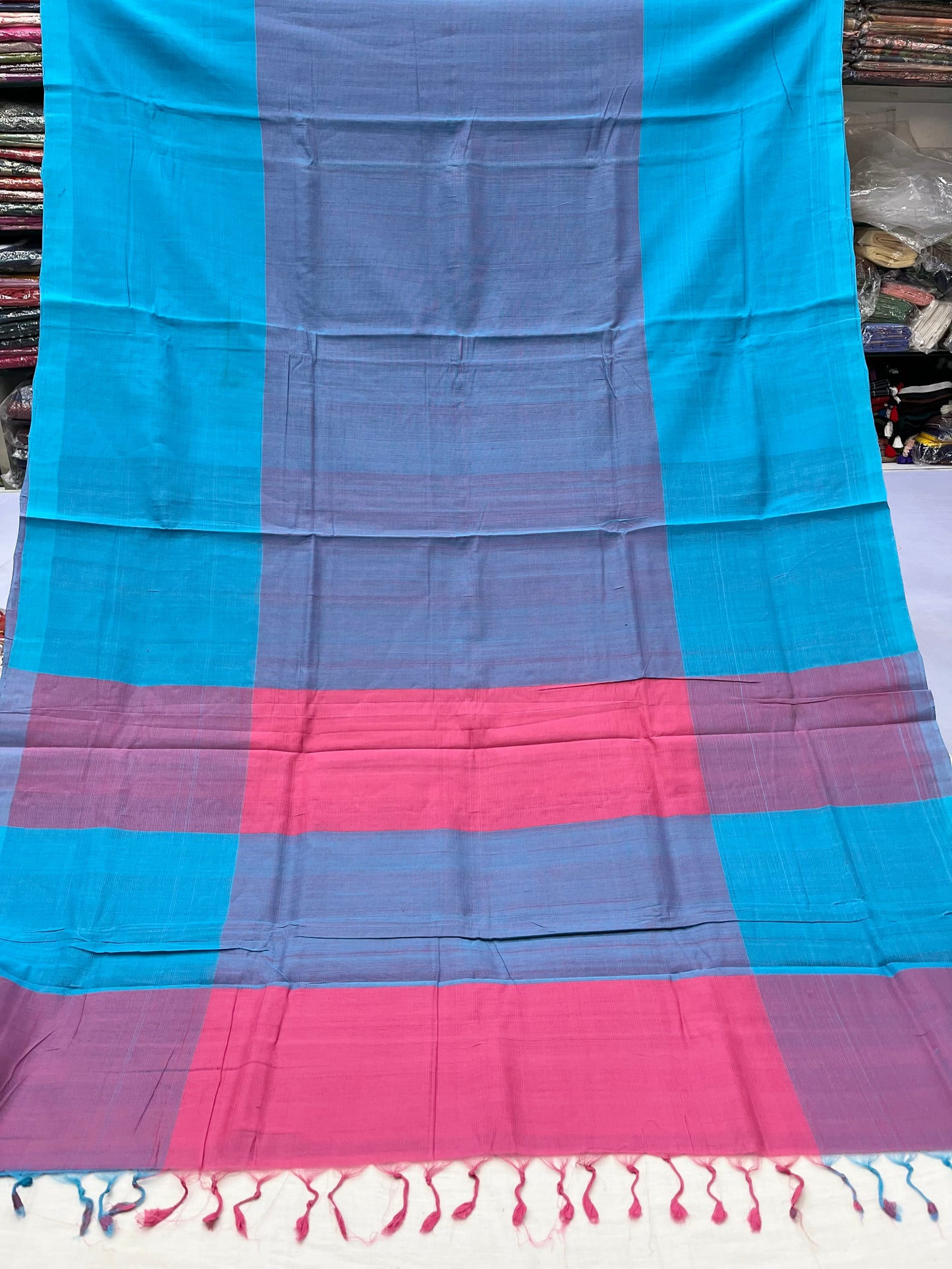 Blue Pink Plain Mangalgiri Saree