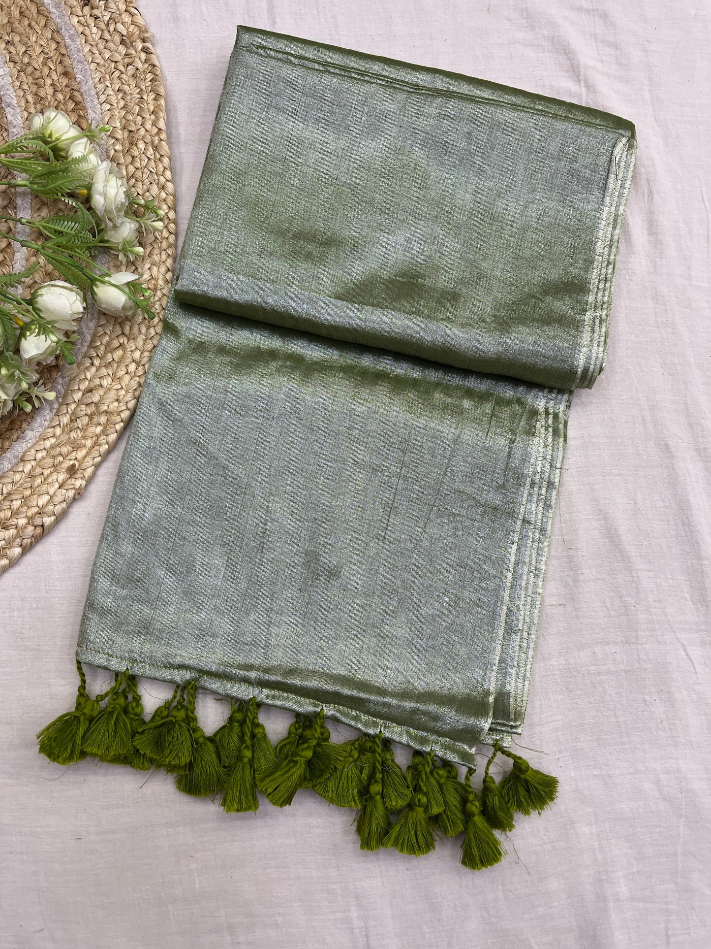 Olive Green Tissue Mulmul Saree