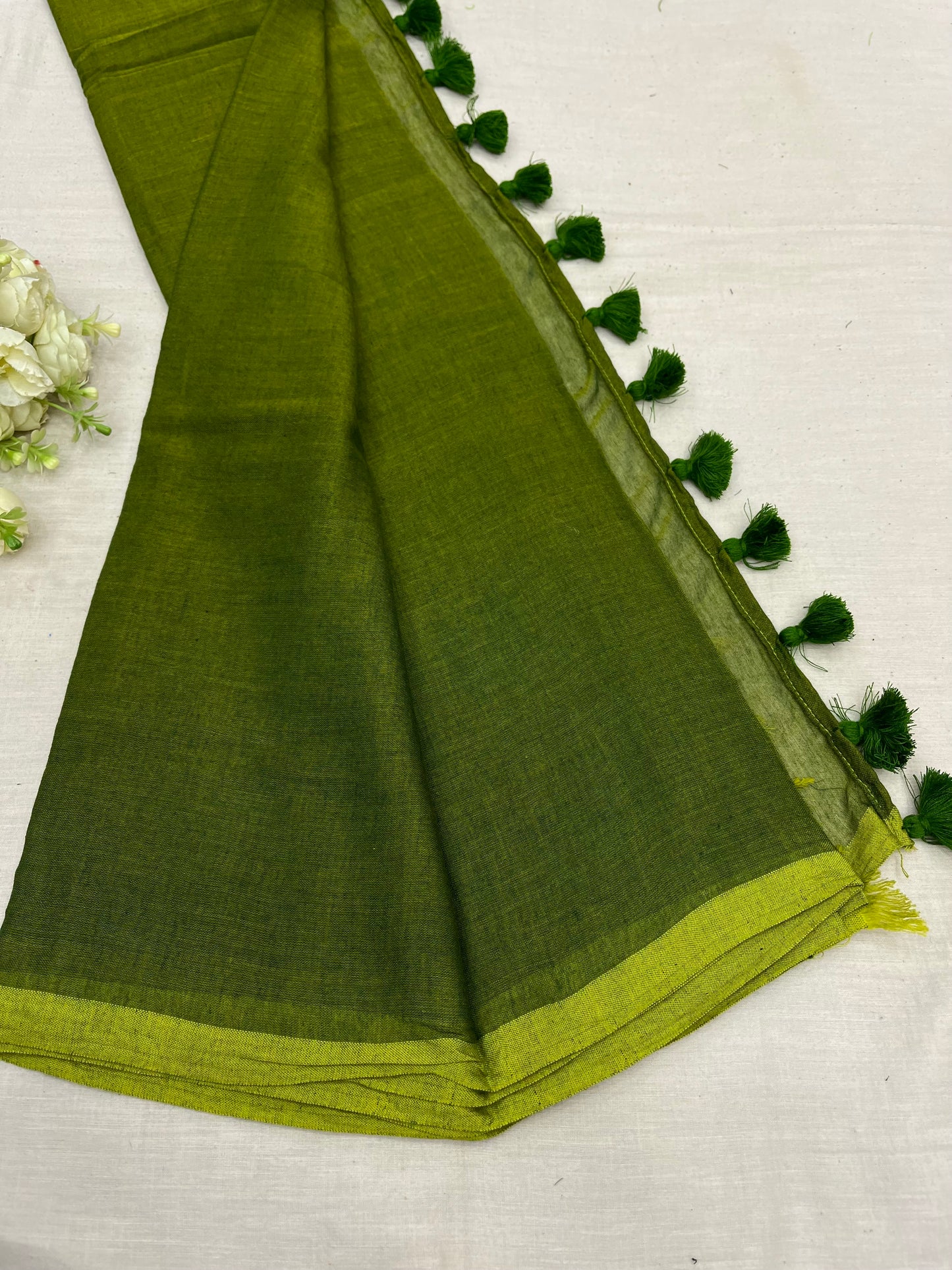 Olive Green Mulmul Saree