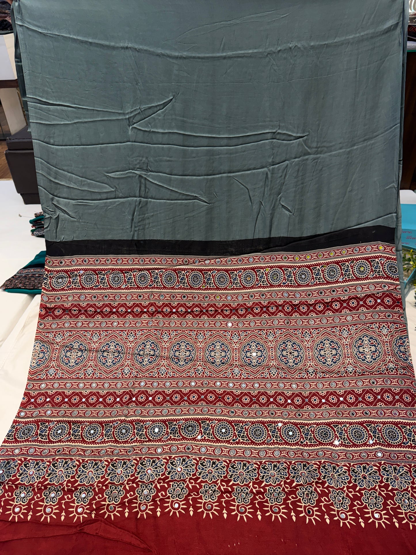 Ajrakh Plain Glued Mirror Work Saree 05