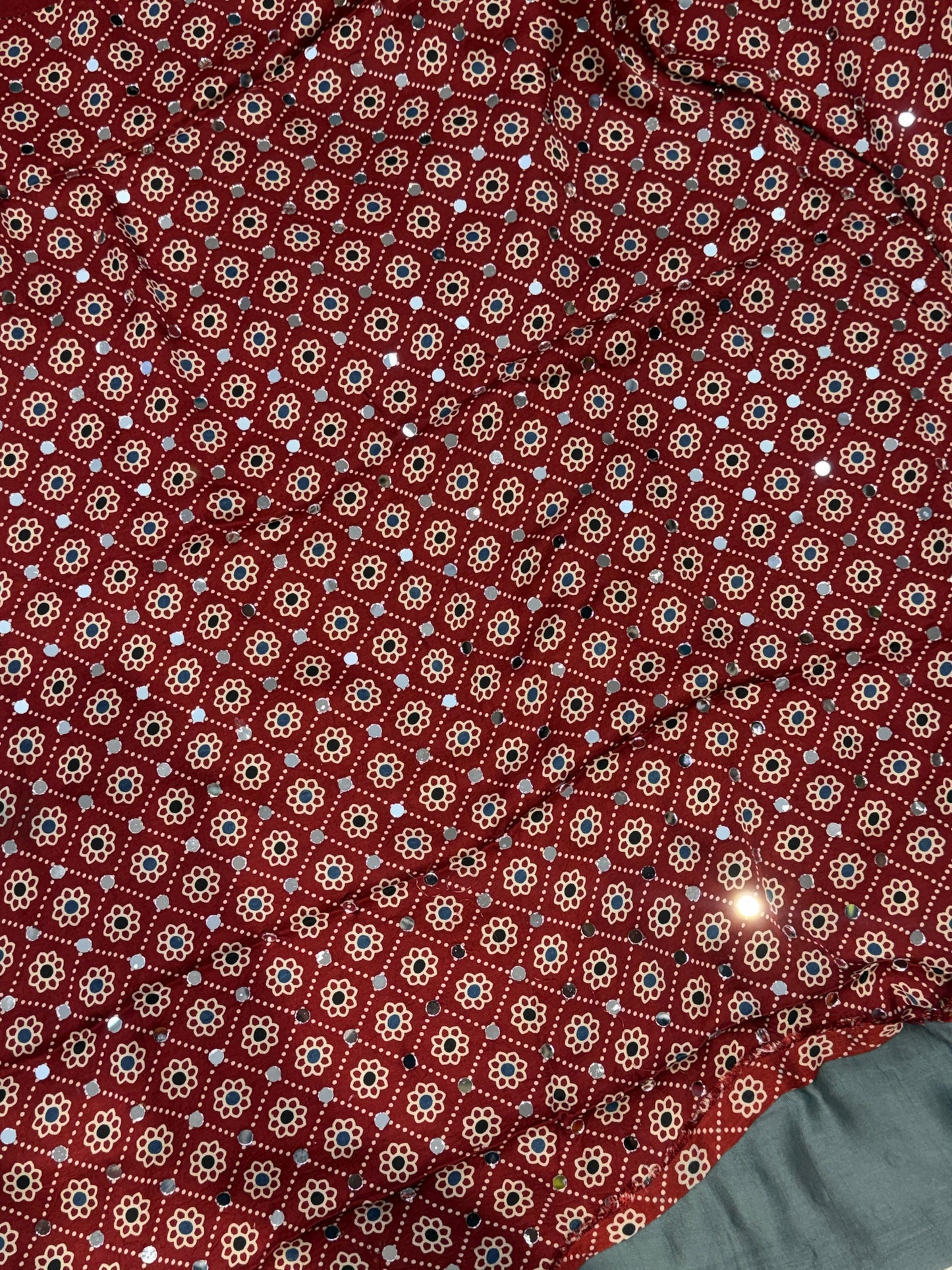 Ajrakh Plain Glued Mirror Work Saree 05