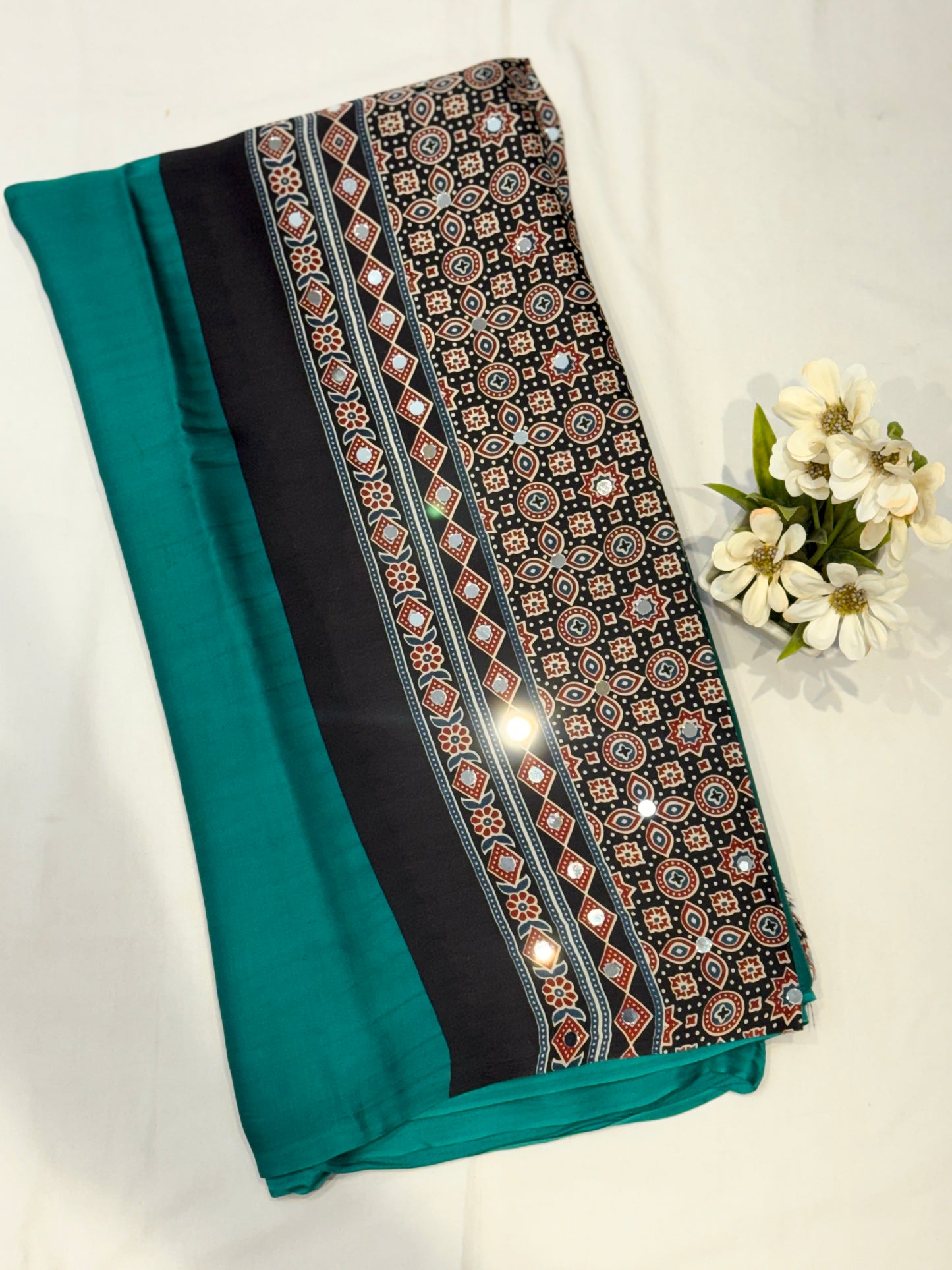Ajrakh Plain Glued Mirror Work Saree 01