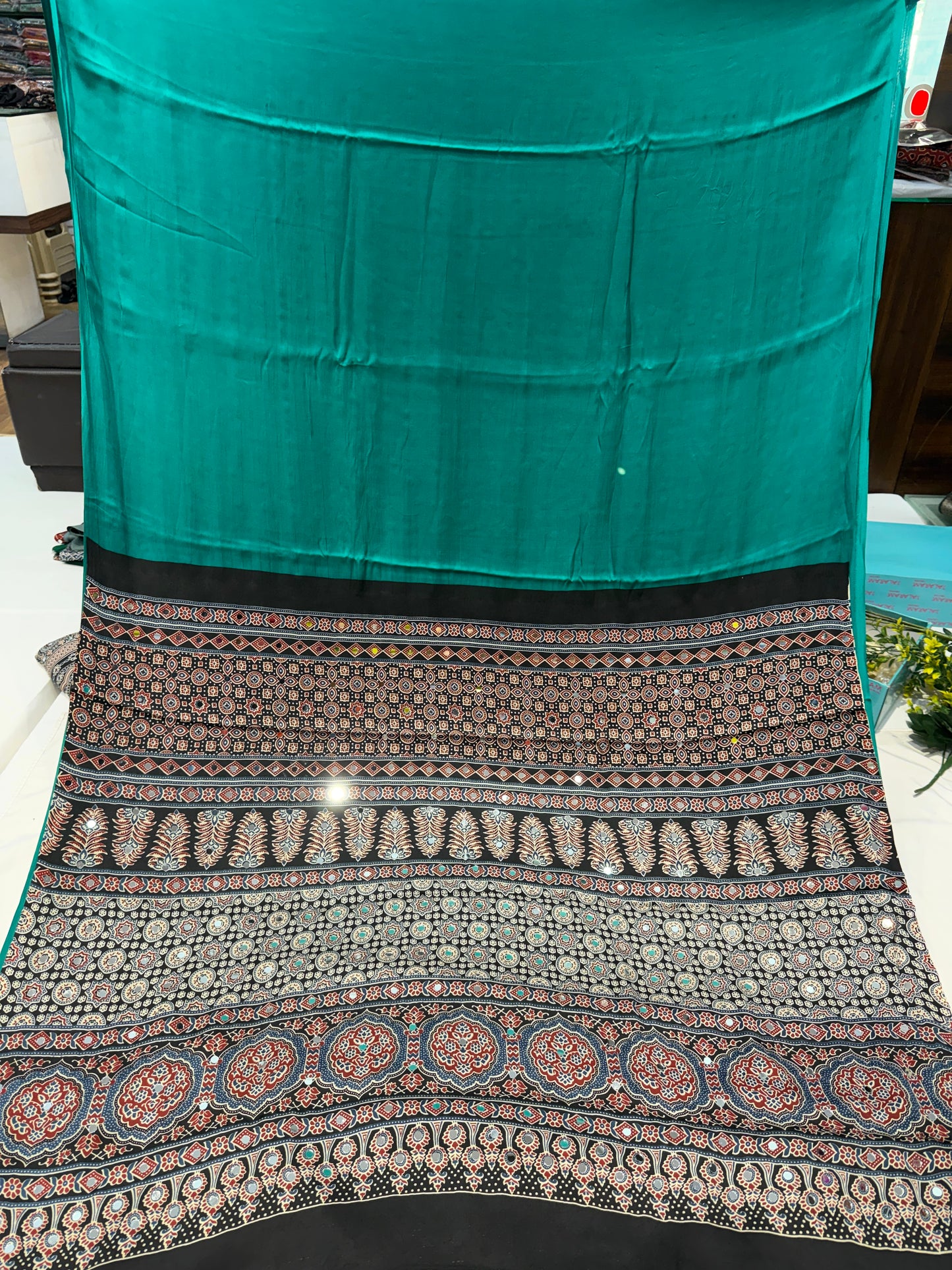 Ajrakh Plain Glued Mirror Work Saree 01