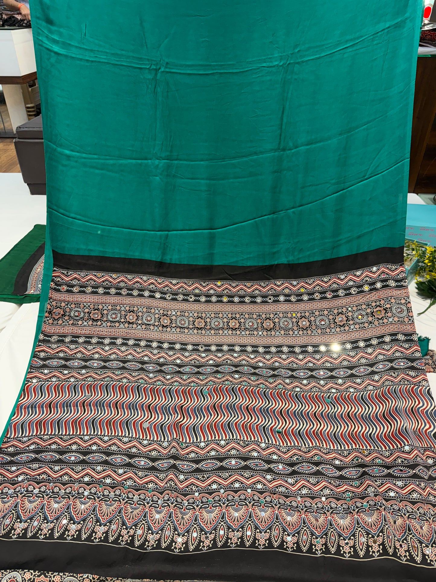 Ajrakh Plain Glued Mirror Work Saree 02