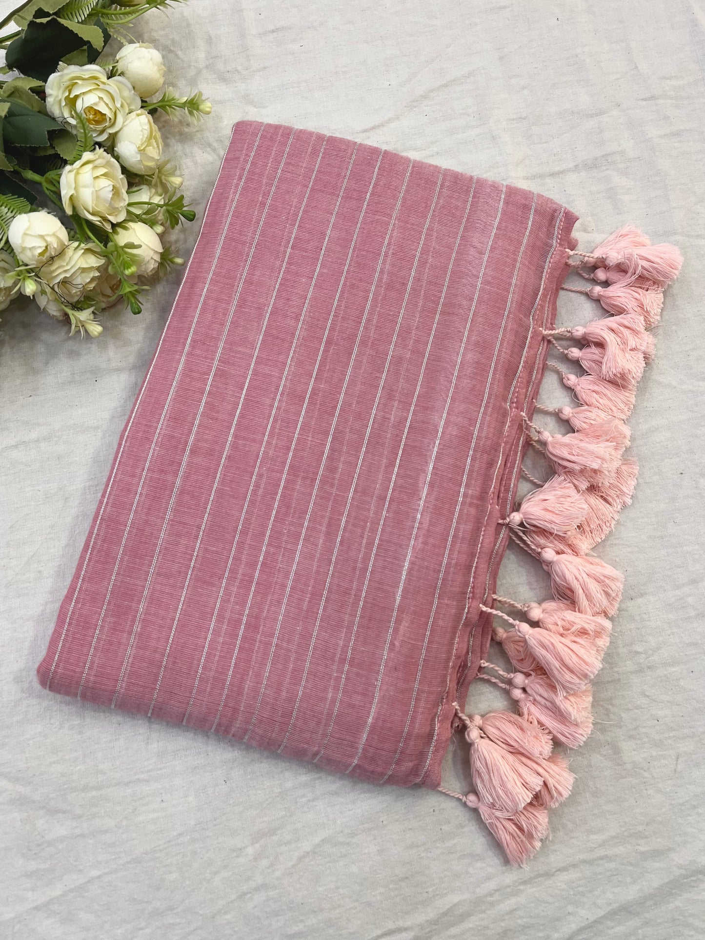 Onion Pink Zari Lines Mulmul Saree