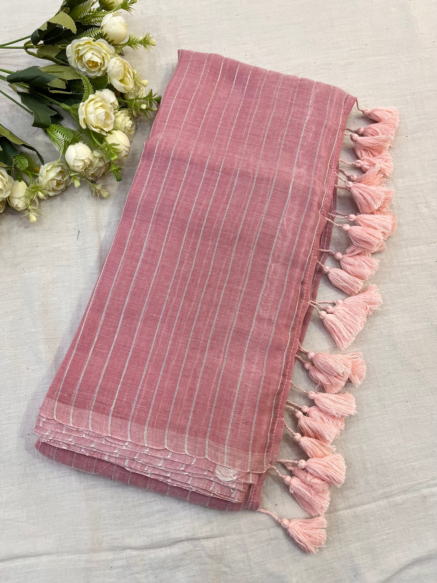 Onion Pink Zari Lines Mulmul Saree