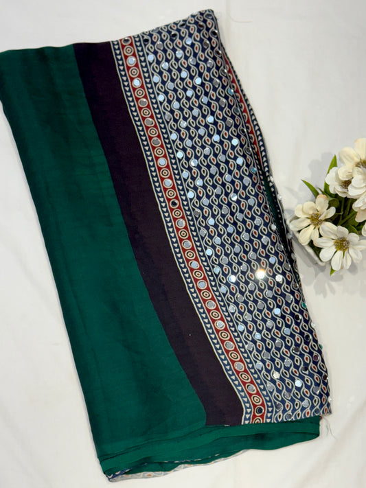 Ajrakh Plain Glued Mirror Work Saree 03
