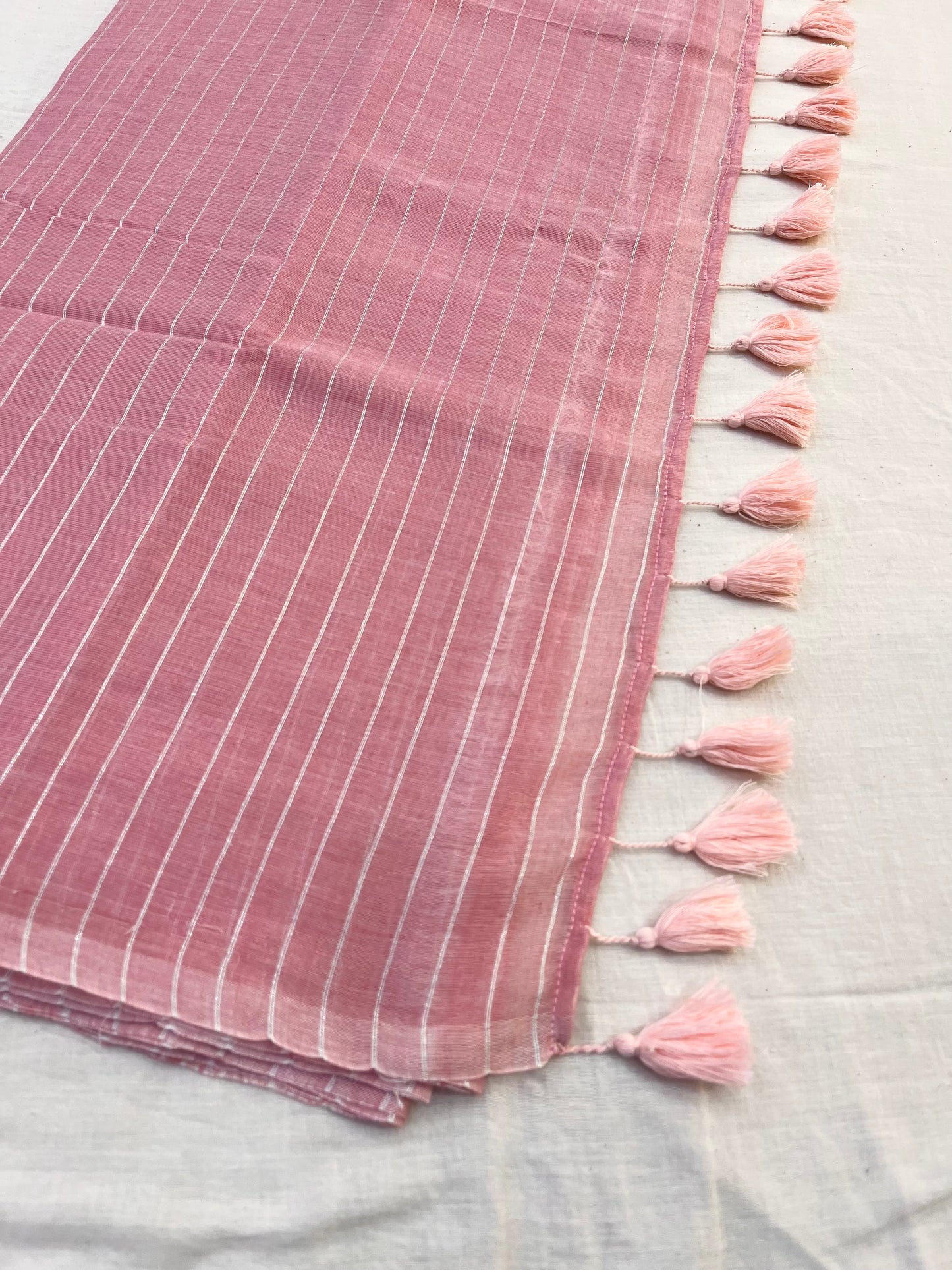 Onion Pink Zari Lines Mulmul Saree