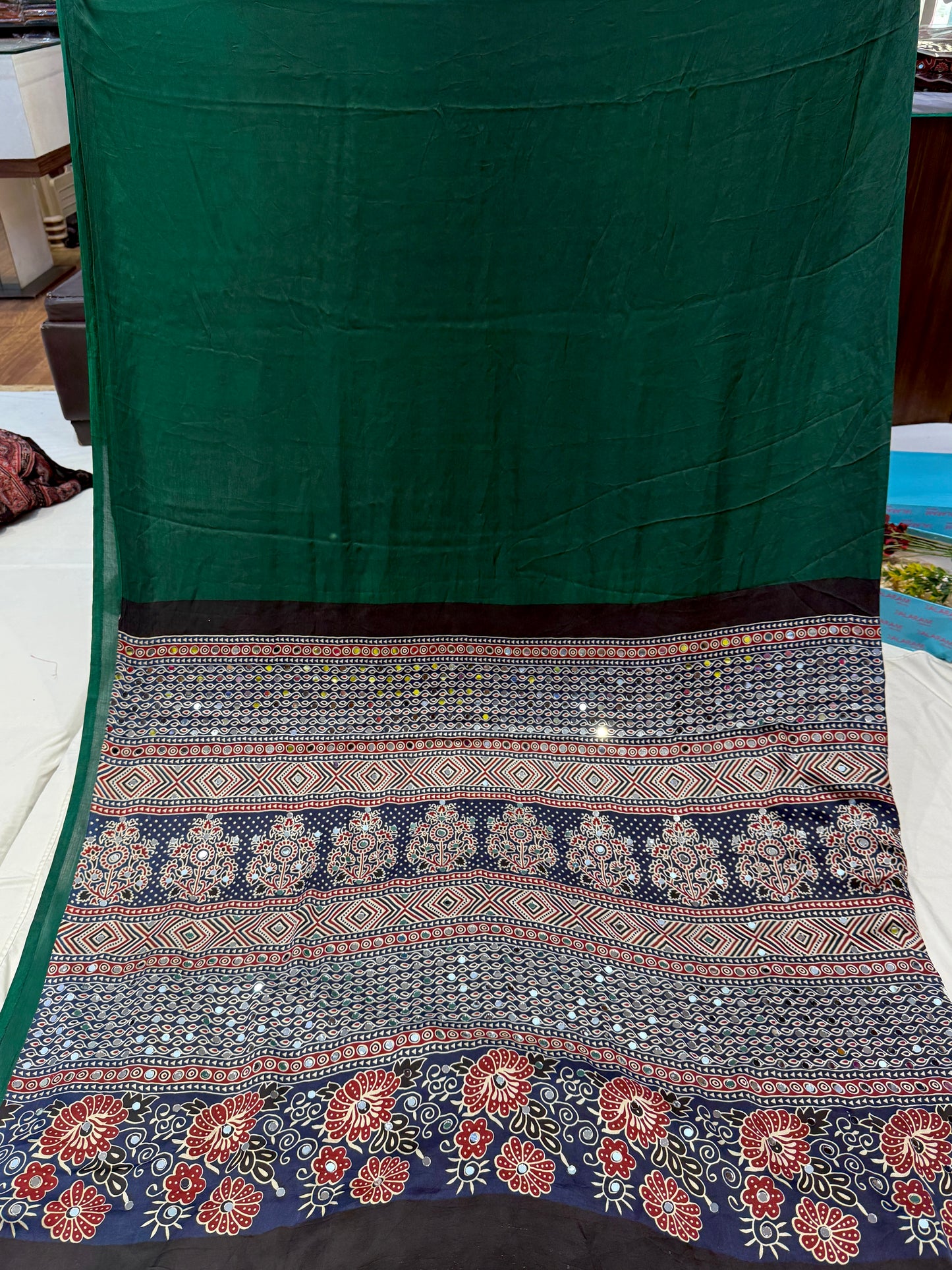 Ajrakh Plain Glued Mirror Work Saree 03