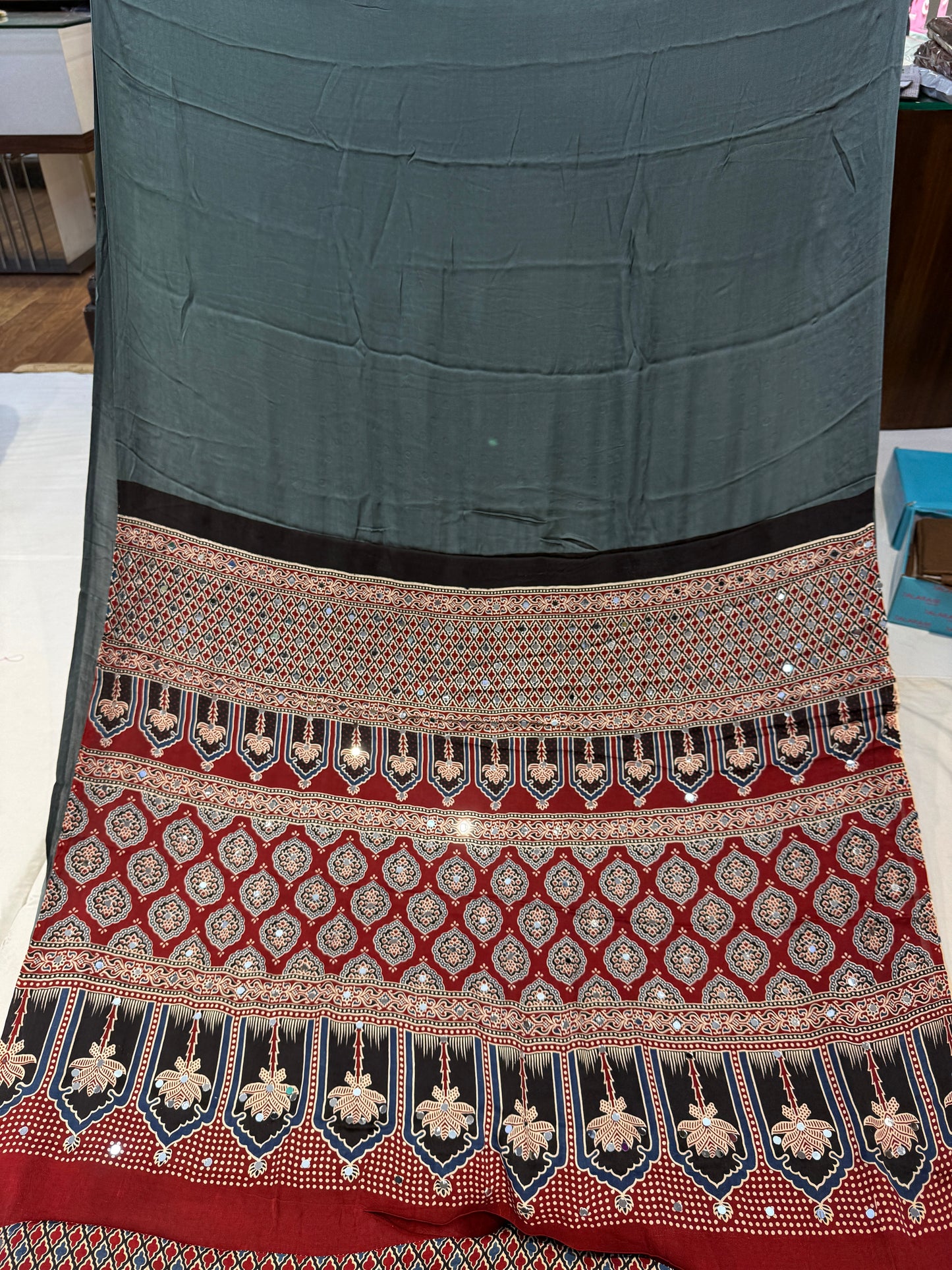 Ajrakh Plain Glued Mirror Work Saree 04