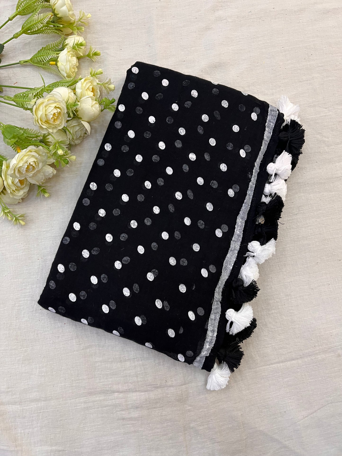 Black White Dotted Mulmul Saree