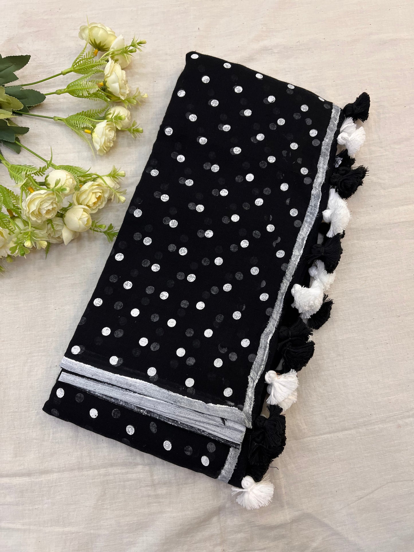 Black White Dotted Mulmul Saree