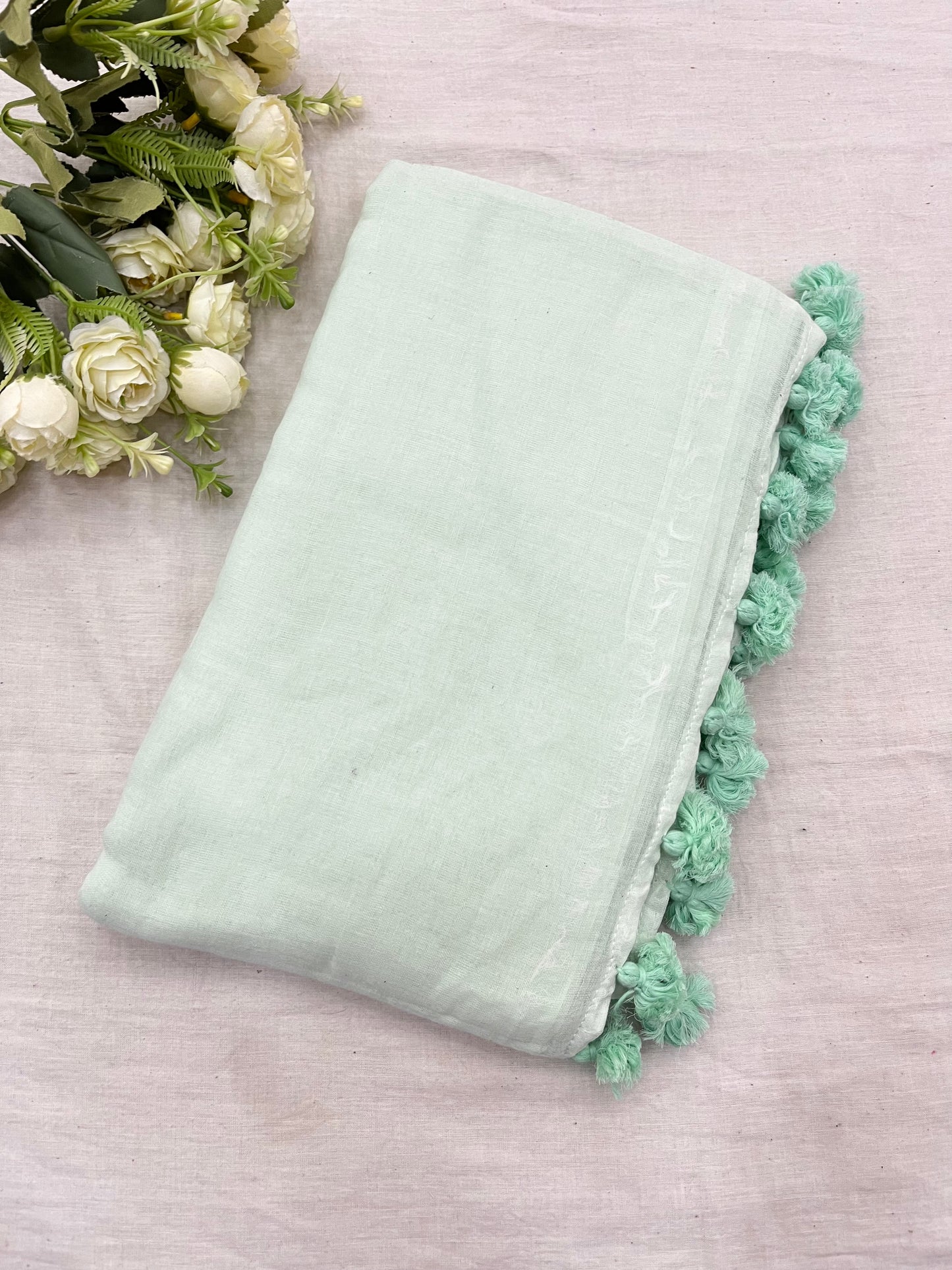 Mint With Mint Pompom Mulmul Saree