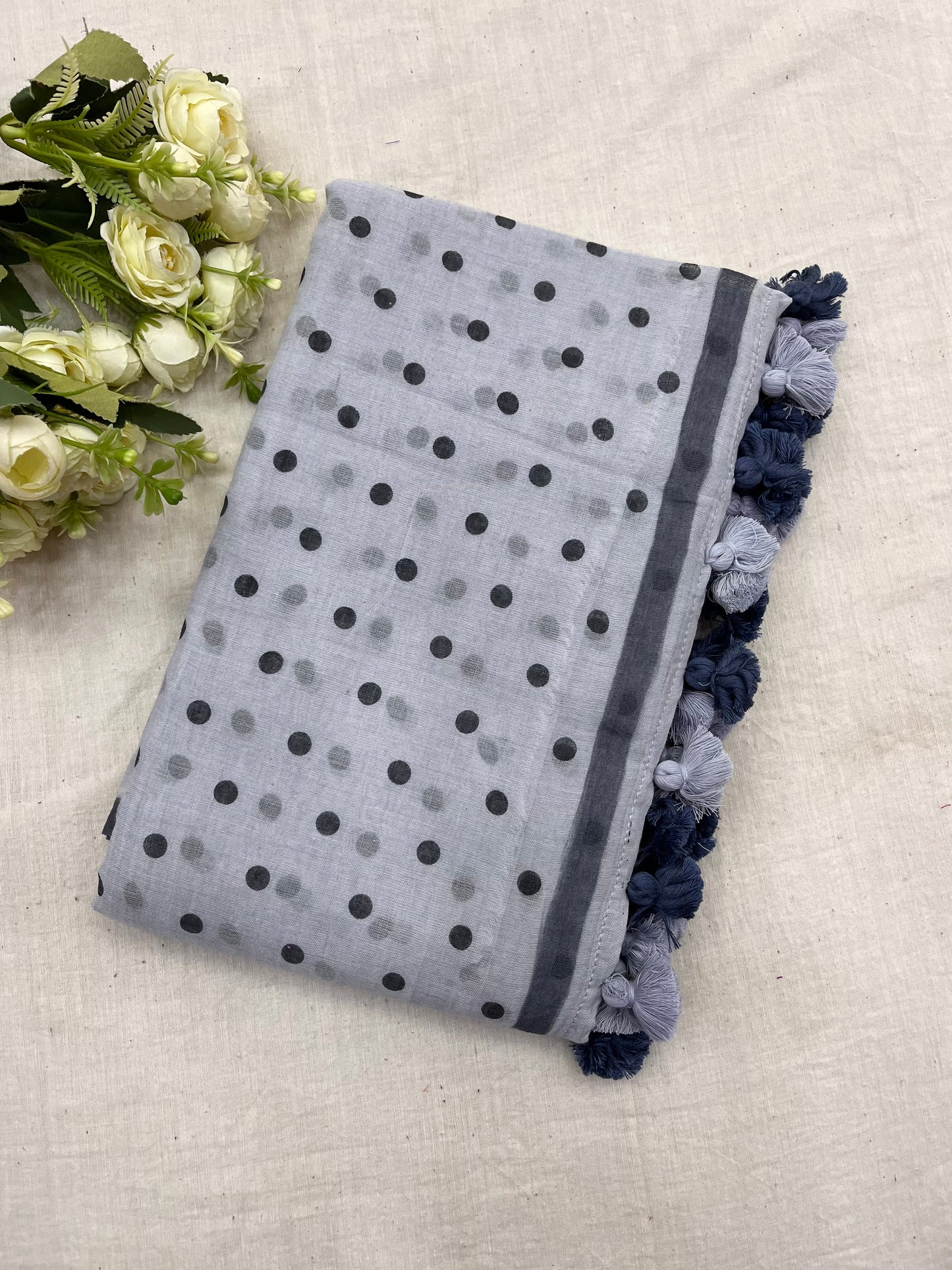 Steel Grey Dotted Mulmul Saree