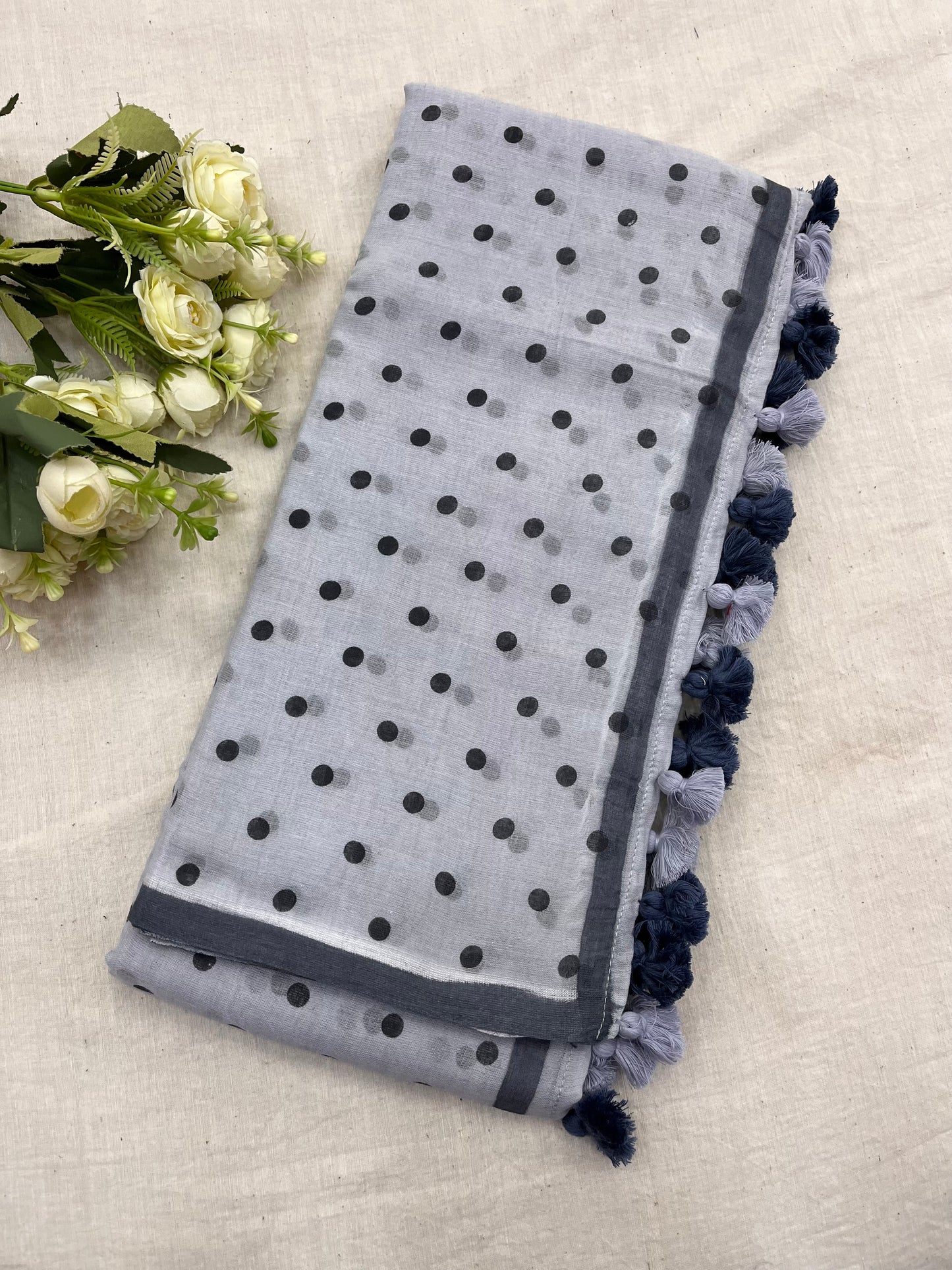 Steel Grey Dotted Mulmul Saree