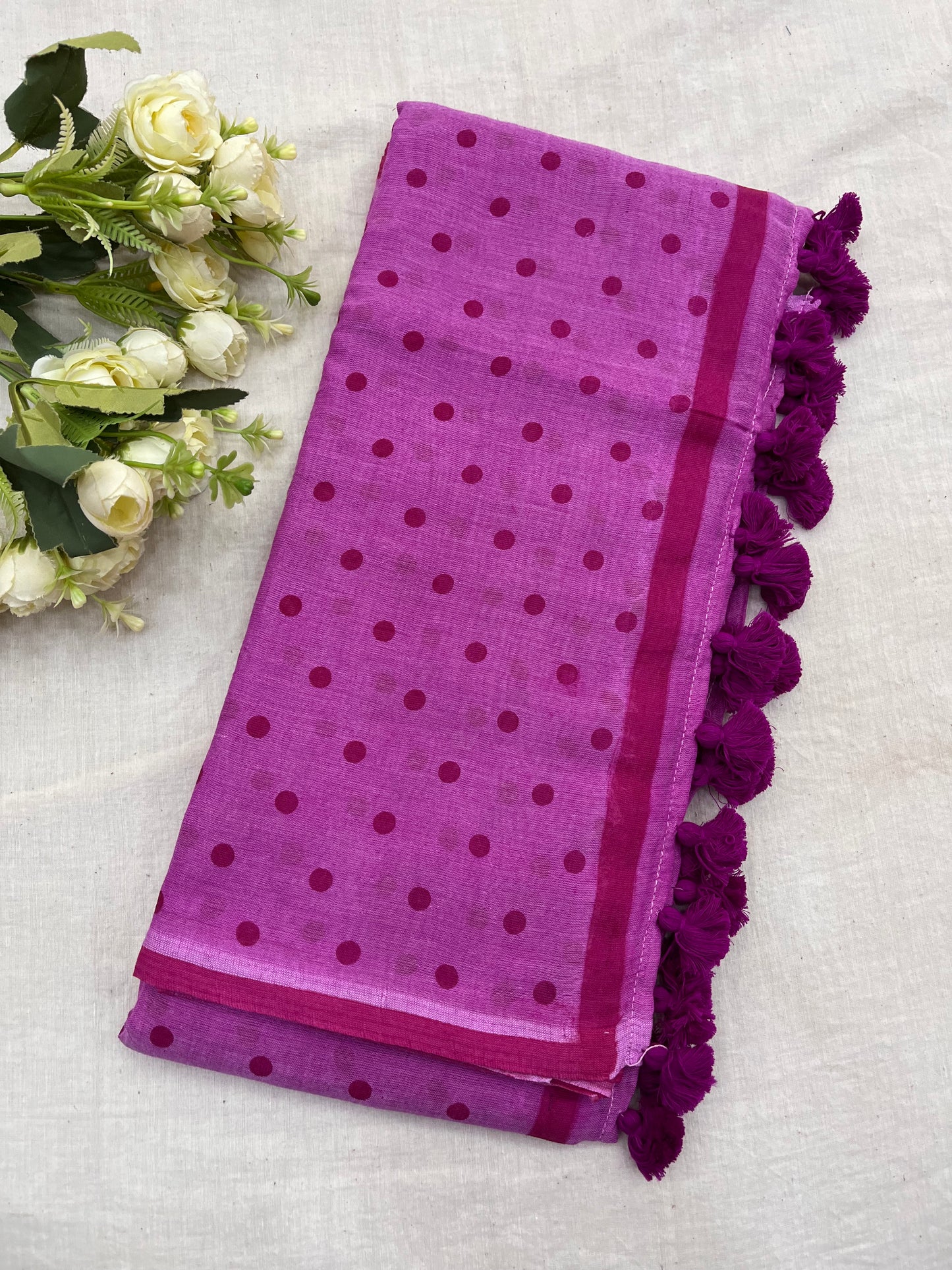 Lilac Dotted Mulmul Saree