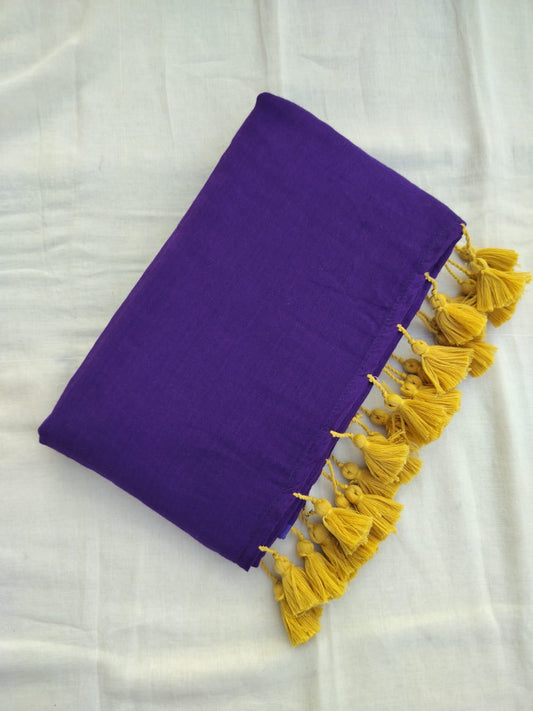 Purple With Golden Tassels Mulmul Saree