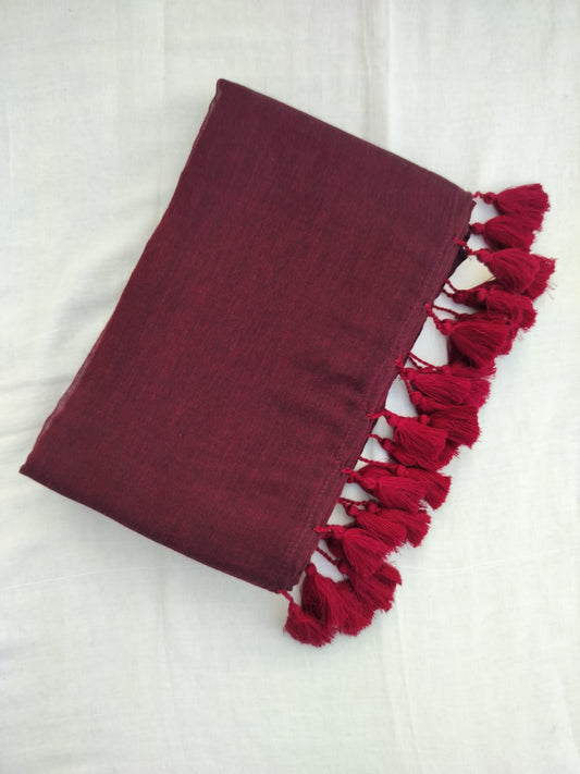 Maroon Plain With Tassels Mulmul Saree