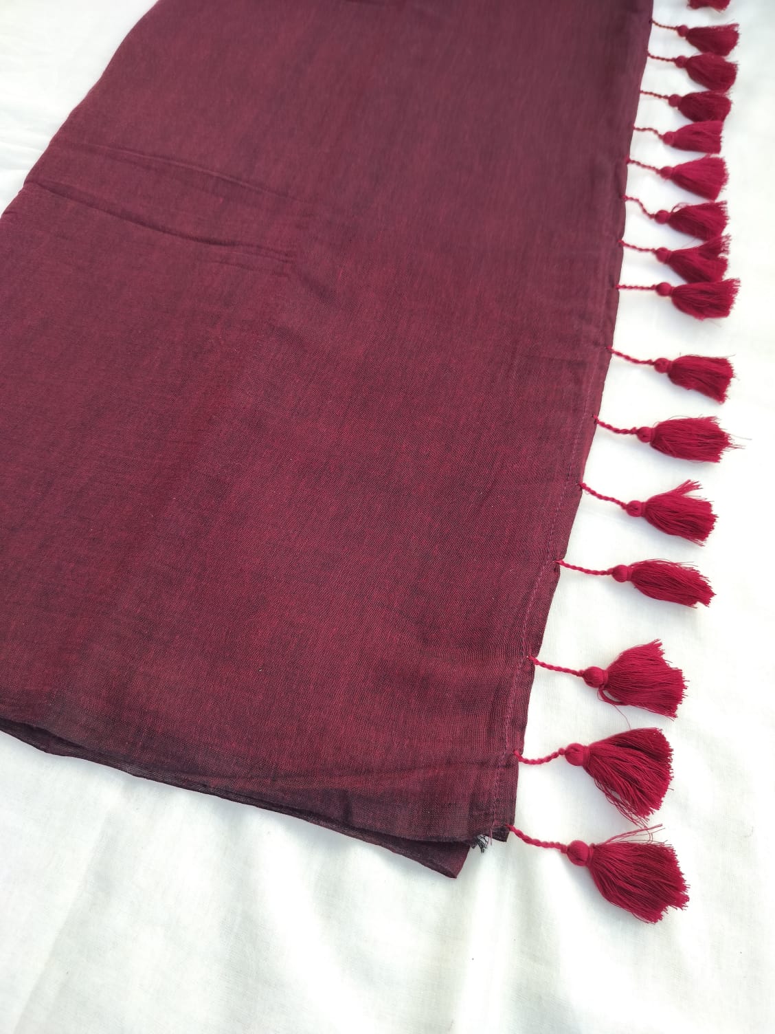 Maroon Plain With Tassels Mulmul Saree