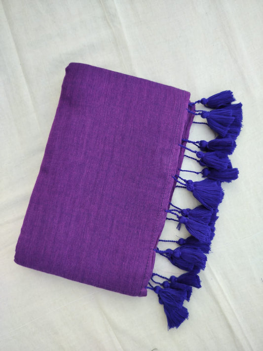 Purple With Blue Tassels Mulmul Saree