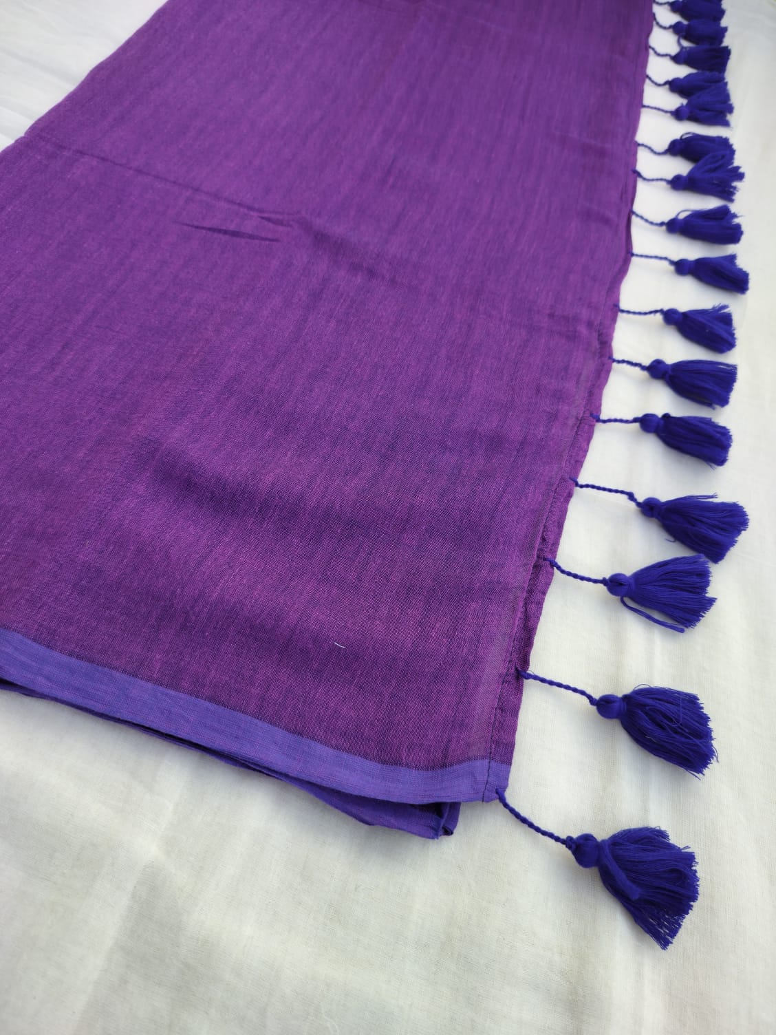 Purple With Blue Tassels Mulmul Saree