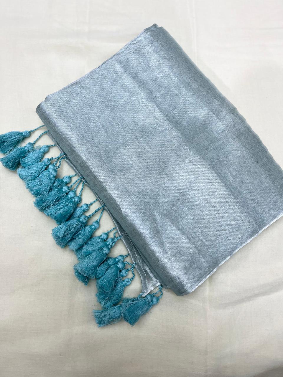 Light Blue Tissue Mulmul Saree