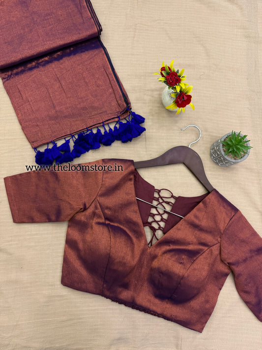 Blue Copper Tissue Saree Blouse Set