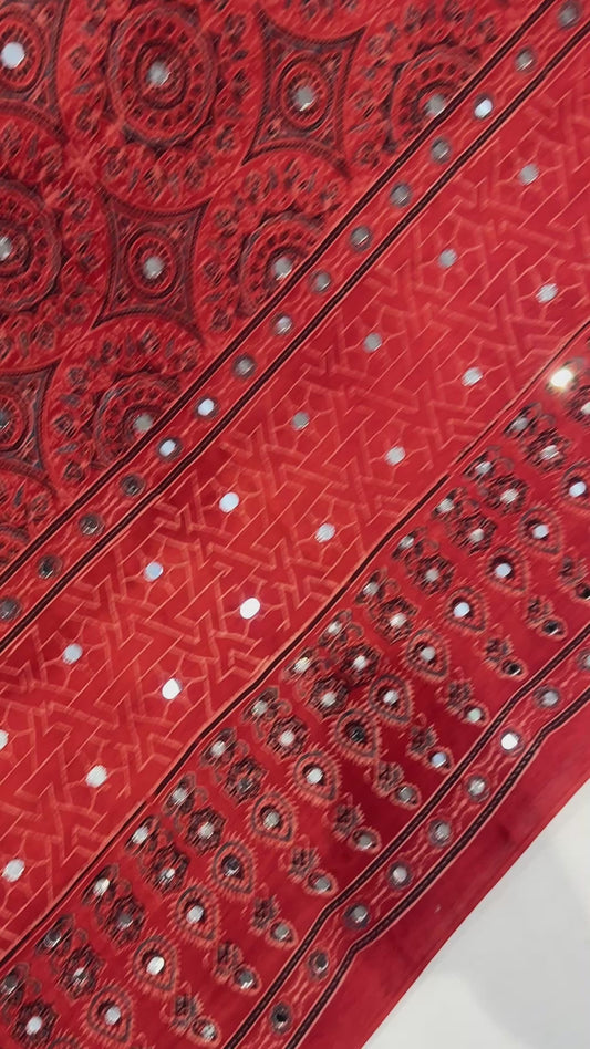 Chakri Pillar Rust Red Mirror Ajrakh Modal Silk Saree (Pre Order - Dispatch Starts 25th June 2026)