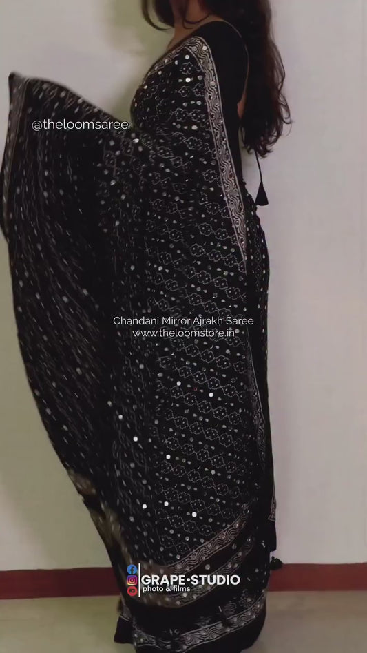 Chandani Mirror Ajrakh Modal Silk Saree (Ready To Ship)