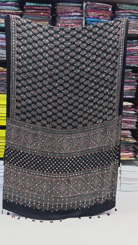 Black Grass Jalna Mirror Ajrakh Saree (Pre Order - Dispatch Starts 25th June 2026)
