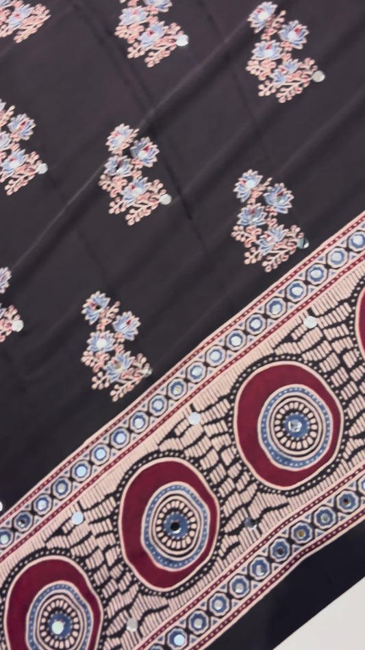 Black Jalebi Ajrakh Mirror Saree (Dispatch 5th, February)