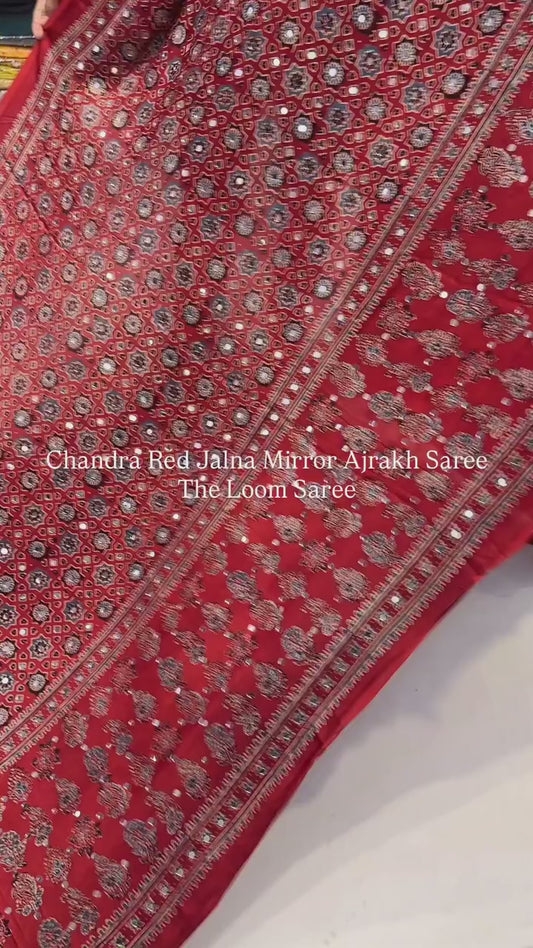 Chandra Red Jalna Mirror Ajrakh Saree (Jan 25th Dispatch)