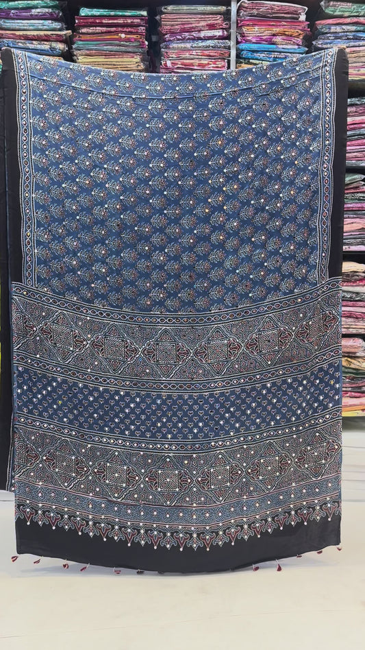 Blue Grass Jalna Mirror Ajrakh Saree (Pre Order - Dispatch Starts 25th June 2026)