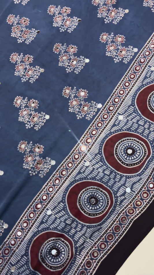 Blue Jalebi Ajrakh Mirror Saree